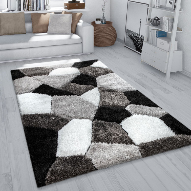 Ebern Designs Actis Fluffy Power Loom Black/Grey/White Rug & Reviews